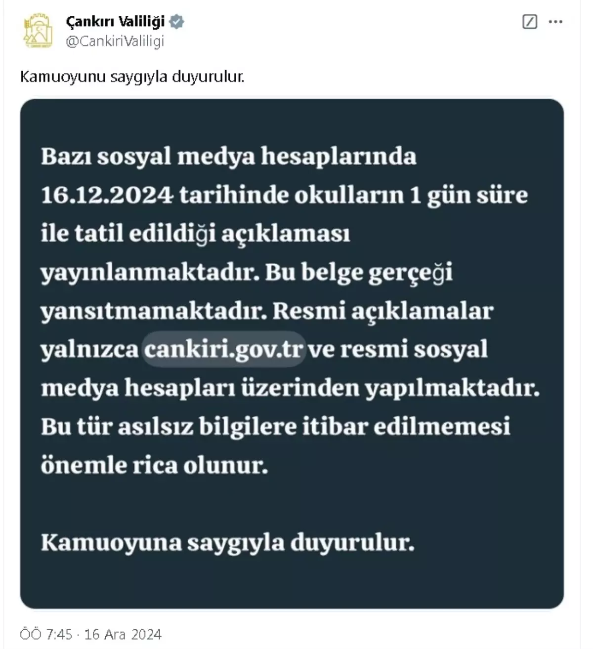 Çankırı Valiliği’nden Okul Tatili Açıklaması