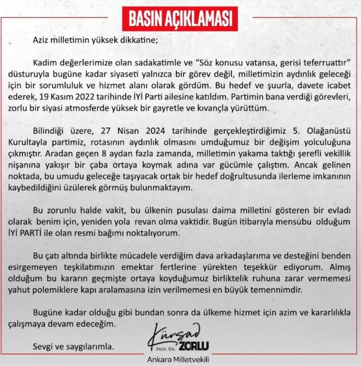 Kürşad Zorlu İYİ Parti’den İstifa Etti