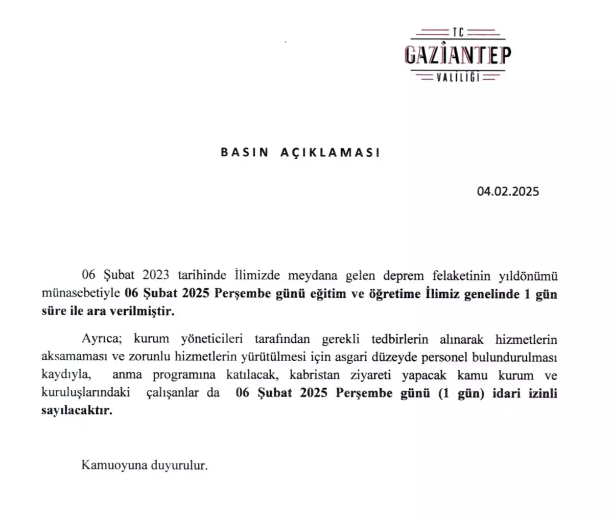 Gaziantep’te Deprem Anması İçin Tatil